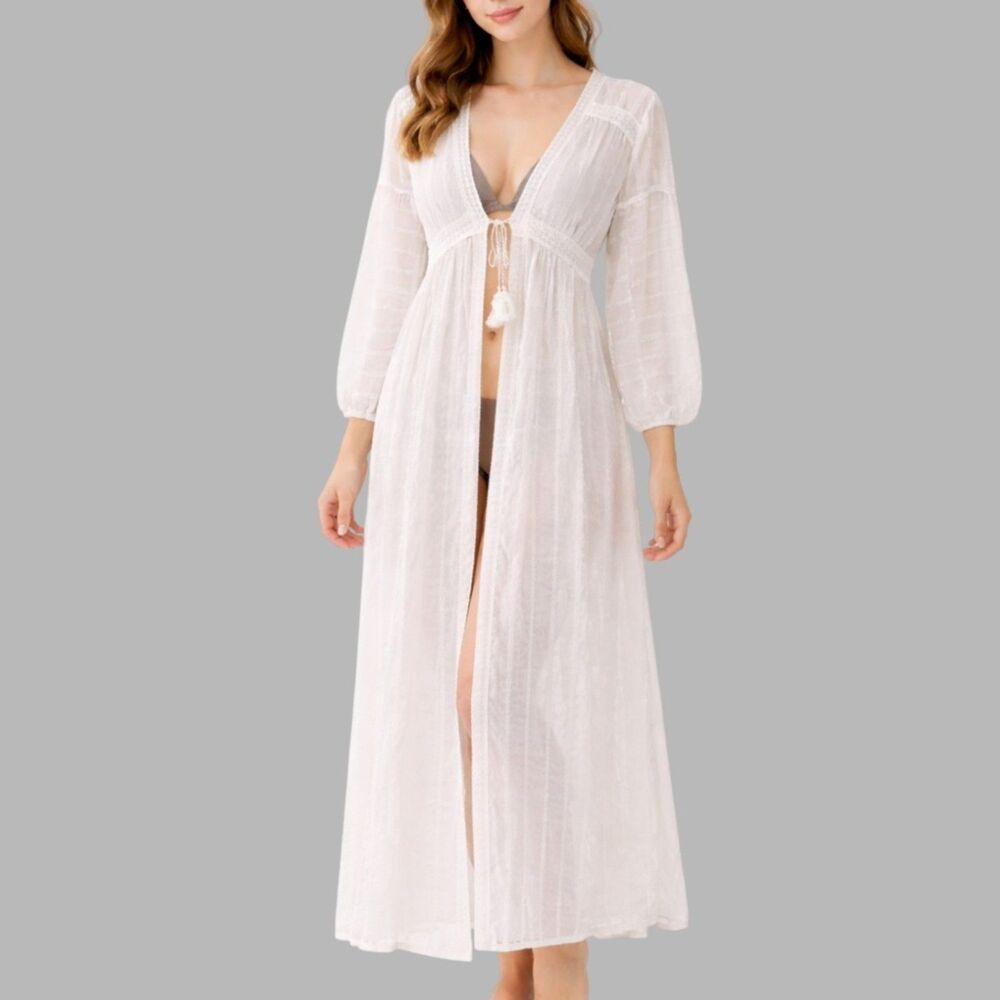Hoity Toity White Lace Maxi Cover Up Women’s Small Boho Sheer Kimono Resortwear